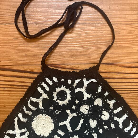 Zara black white floral crochet knit lined cropped halter top SIZE S - Picture 2 of 5